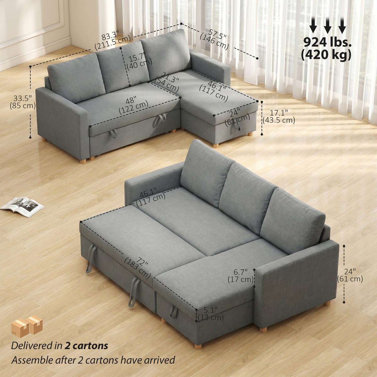 83" Sofa Bed, Pull Out Sleeper L Shaped Sectional Couch with Reversible Storage Chaise, Wide and Deep Seat, Light Grey