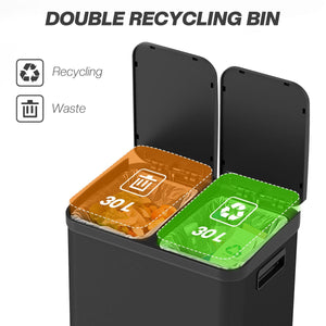 Kitchen Garbage Bin, 2 x 7.9 Gal (2 x 30 L) Trash Can, Soft-Close Garbage Can with Removable Inner Buckets, Black