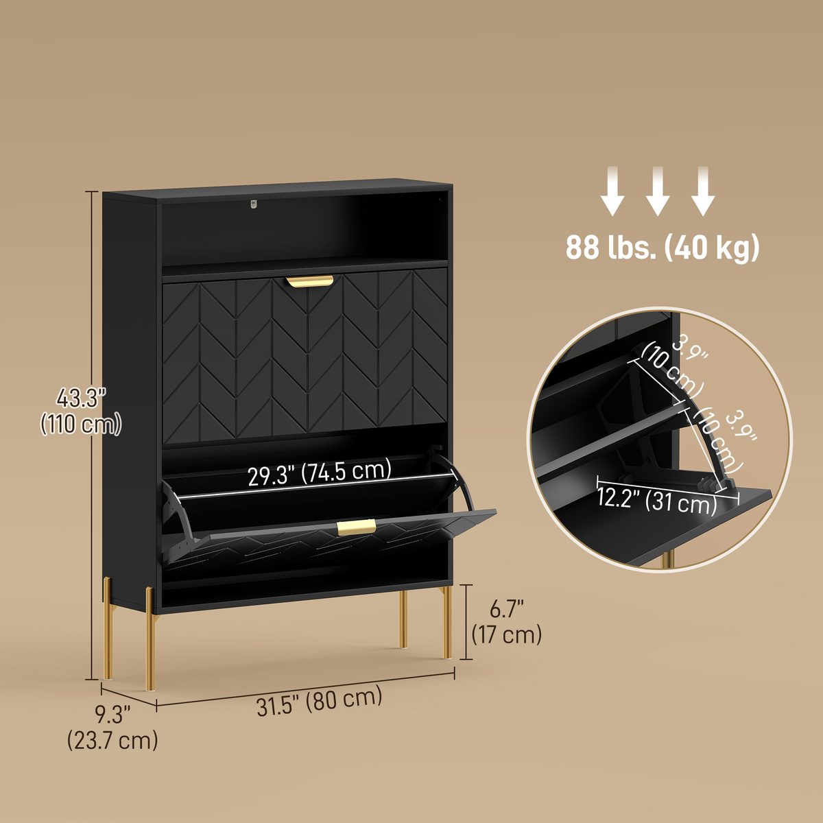 Shoe Cabinet with 2 Flip Drawers, Modern Narrow Shoe Storage Cabinet with Open Compartment, Adjustable Shelves, Black