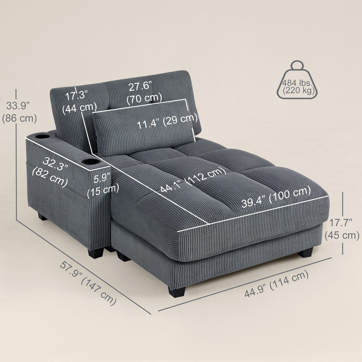 58" Chaise Lounge Indoor, Oversized Corduroy Sofa Bed with 2 Cup Holders, Pillow, Deep Seat Sleeper Couch, Dark Grey