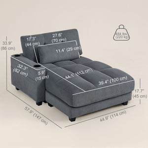 58" Chaise Lounge Indoor, Oversized Corduroy Sofa Bed with 2 Cup Holders, Pillow, Deep Seat Sleeper Couch, Dark Grey