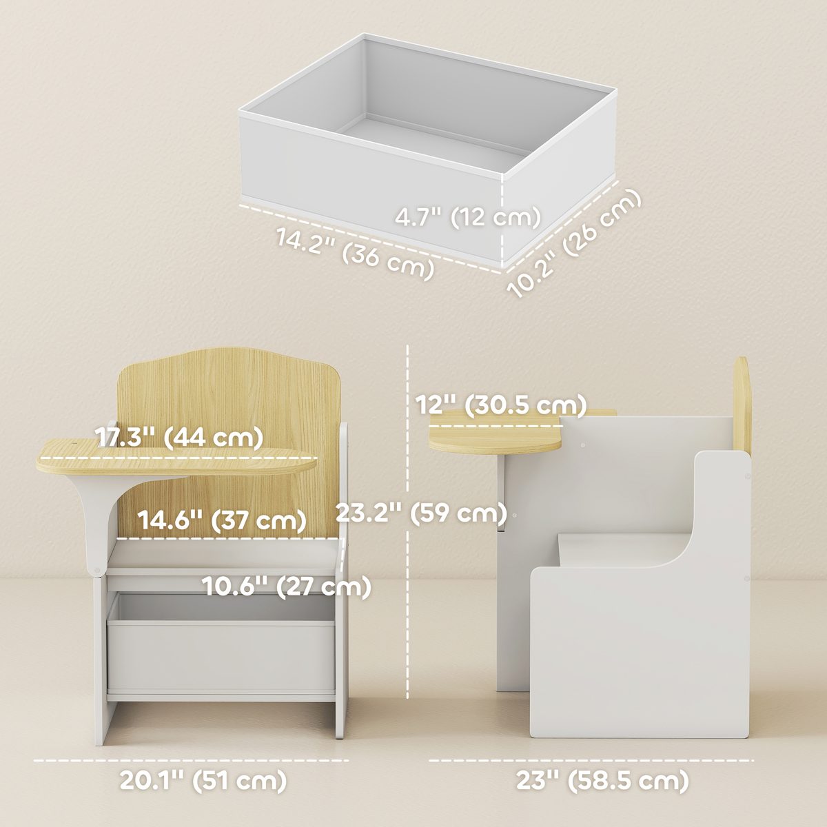 Qaba Kids Table and Chair Set, Children Desk and Chair with Storage Bin for Playing, Reading, Painting, for Ages 3-5, White