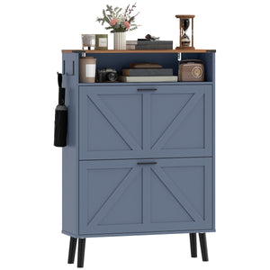 Shoe Storage Cabinet with 2 Flip Drawers, Farmhouse Narrow Shoe Cabinet, Holds Up to 16 Pairs, Blue