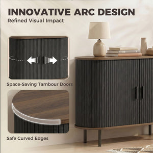 Sideboard Buffet Cabinet with Curved Tambour Doors and Storage, Brown Wood Grain