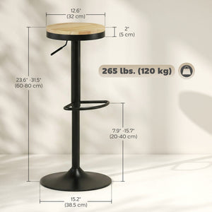 Wood Barstools Set of 2, Swivel Bar Stools with Adjustable Height for Kitchen Counter, Natural Wood and Black
