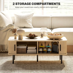 Coffee Table with Storage, Nordic Side Table with Fluted Tambour Sliding Doors and Steel Legs for Living Room, Oak