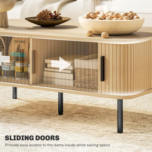 Coffee Table with Storage, Nordic Side Table with Fluted Tambour Sliding Doors and Steel Legs for Living Room, Oak