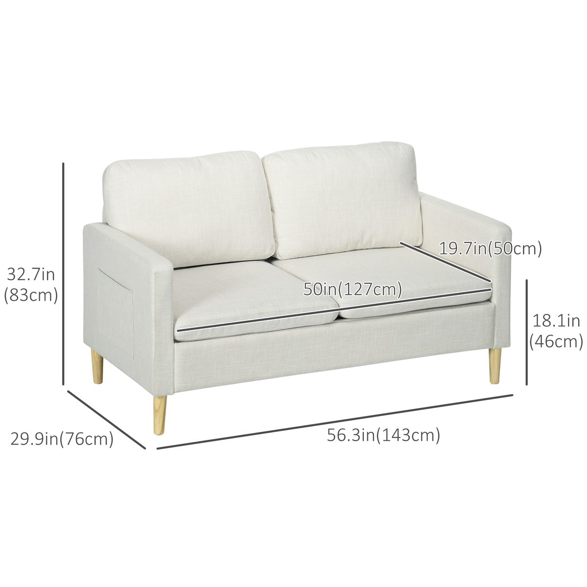 56" 2 Seat Sofa, Modern Love Seats Furniture, Upholstered 2 Seater Couch with Side Pockets, Solid Wood Frame, White