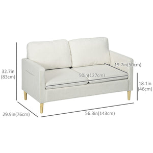 56" 2 Seat Sofa, Modern Love Seats Furniture, Upholstered 2 Seater Couch with Side Pockets, Solid Wood Frame, White