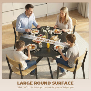 39" Dining Table, Contemporary Round Kitchen Table with Steel Legs, Black Wood Grain