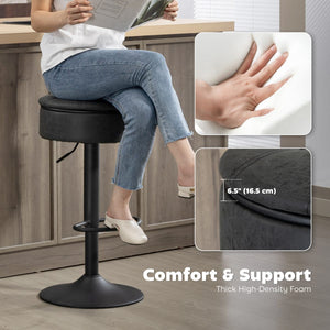 Set of 2 Barstools with Storage, Swivel Bar Stools with PU Leather Upholstered, Footrest, Steel Base, Black