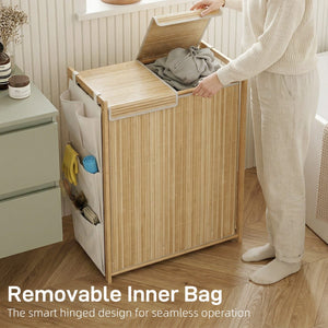 Bamboo Laundry Hamper with Removable Drawstring Bag and Side Storage Pockets, 32 Gal, Natural