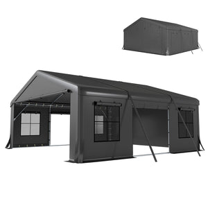 20' x 20' Heavy Duty Carport, Portable Garage Car Canopy Tent Shelter with 3 Roll-up Doors, 4 Windows, Dark Grey