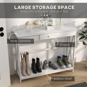 39" Console Table, 2 Tier X-Design Narrow Entryway Table with Drawer and Storage Shelf for Behind Couch, Living Room, Hallway, White