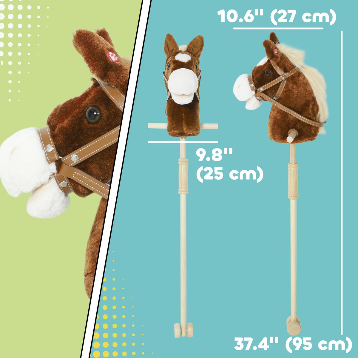 Qaba Unicorn Stick Horse, Plush Hobby Horse with Wood Wheels, Real Pony Neighing and Galloping Sounds, for Kids, Brown