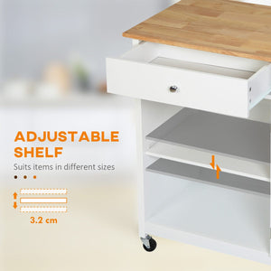 Rolling Kitchen Cart with Drawer and Glass Door Cabinet, Kitchen Island on Wheels with Towel Rack, White