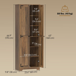 67" Farmhouse Pantry Cabinet with 2 Doors, Tall Storage Cabinet with Adjustable Shelves, Brown Wood Grain