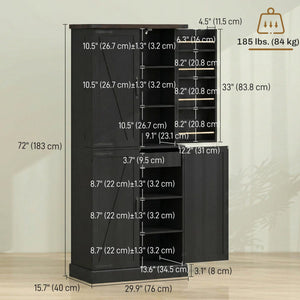 72" Tall Kitchen Pantry Cabinet, Farmhouse Storage Cabinet with 8 Door Racks and Adjustable Shelves, Black
