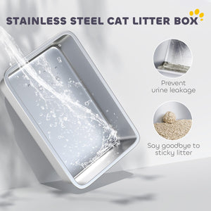 Extra Large Stainless Steel Cat Litter Box w/ High Sided, Removable Lid, Scoop, Odor Free, Non-Sticky, Dark Grey