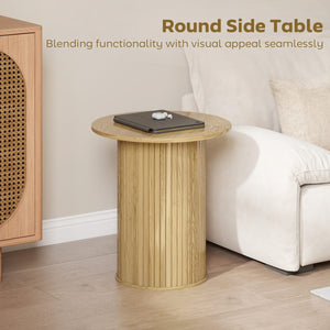 Round Side Table, Fluted Accent End Table, Narrow Nightstand for Small Spaces, Living Room, Oak