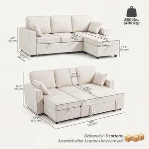Modular Sectional Sofa Bed with Reversible Storage Ottoman, Pull Out Sleeper Sofa with Spring Cushion, Beige