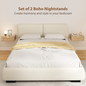 Floating Bedside Tables Set of 2, Wall Mounted Nightstands with Rattan Drawer and Wood Effect, Oak