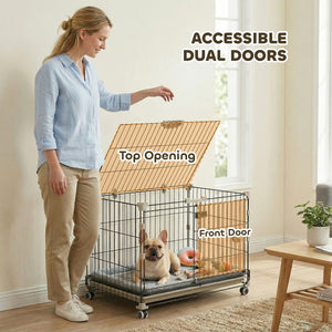 Dog Crate, 24 Inch Metal Dog Cage with Removable Tray, Lockable Wheels, 2 Doors for Small Breeds, Black