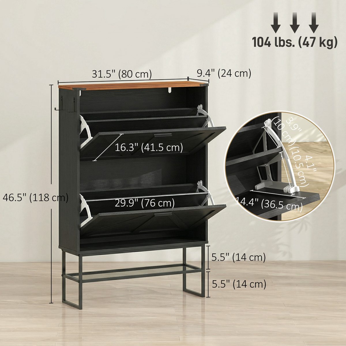 Narrow Shoe Storage Cabinet with 2 Flip Drawers, Slim Shoe Cabinet for 15-20 Pairs, Black Wood Grain