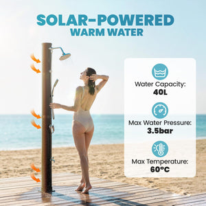 10.6 Gal Solar Heated Shower, 7.2 FT Outdoor Shower with 2 Shower Heads, Adjustable Temperature, Foot Faucet