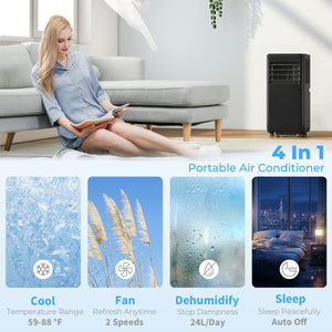 8000 BTU Portable 4-in-1 Air Conditioner with Cool, Dehumidifier, Fan, Sleep, WiFi Voice Remote Control, Black
