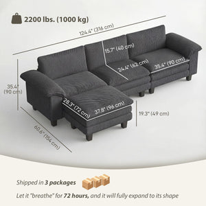 Sectional Sofa, L Shaped Sofa with Deep Seat, Movable Ottoman and Pillow-top Armrests, Dark Grey