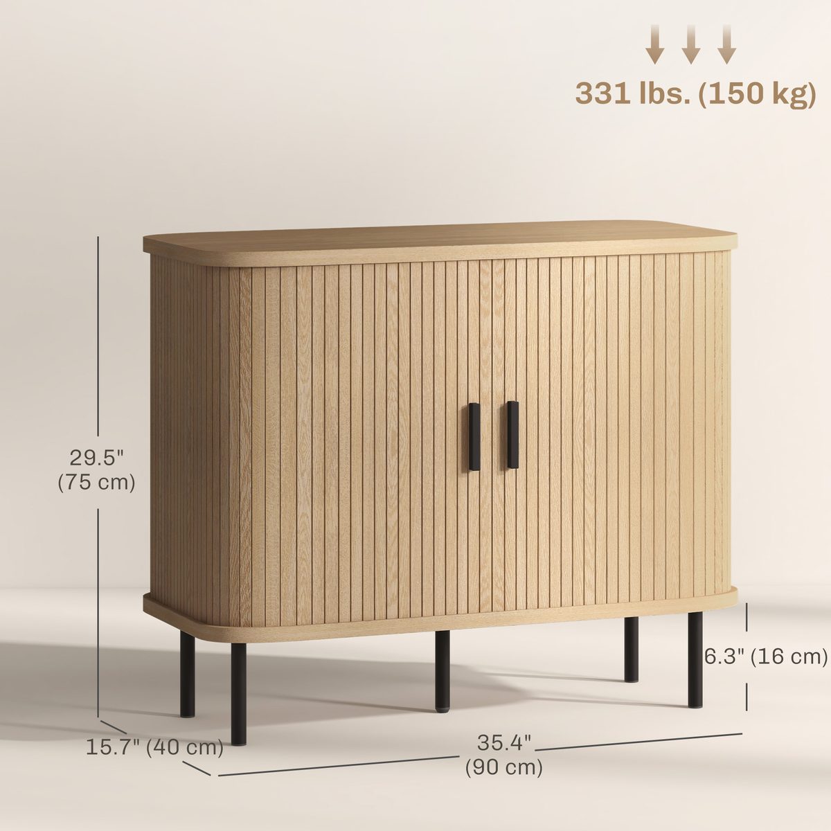 35.4" Sideboard Buffet Cabinet with Storage, Nordic Coffee Bar Cabinet with Slatted Tambour Doors and Metal Legs, Oak