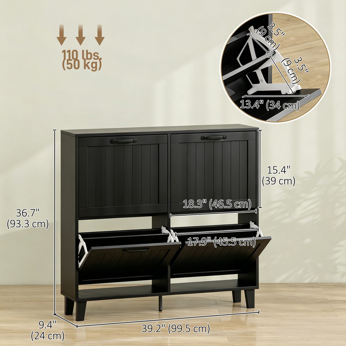 Shoe Cabinet with 4 Flip Drawers, Freestanding Narrow Shoe Storage Cabinet with Adjustable Shelves, Open Back, Black