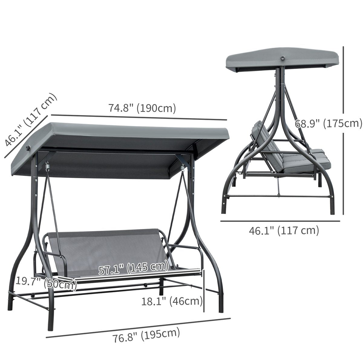 Convertible Patio Swing Bed with Canopy and Cushions, 3 Seater Porch Swing for Outdoor, Backyard, Garden, Dark Grey