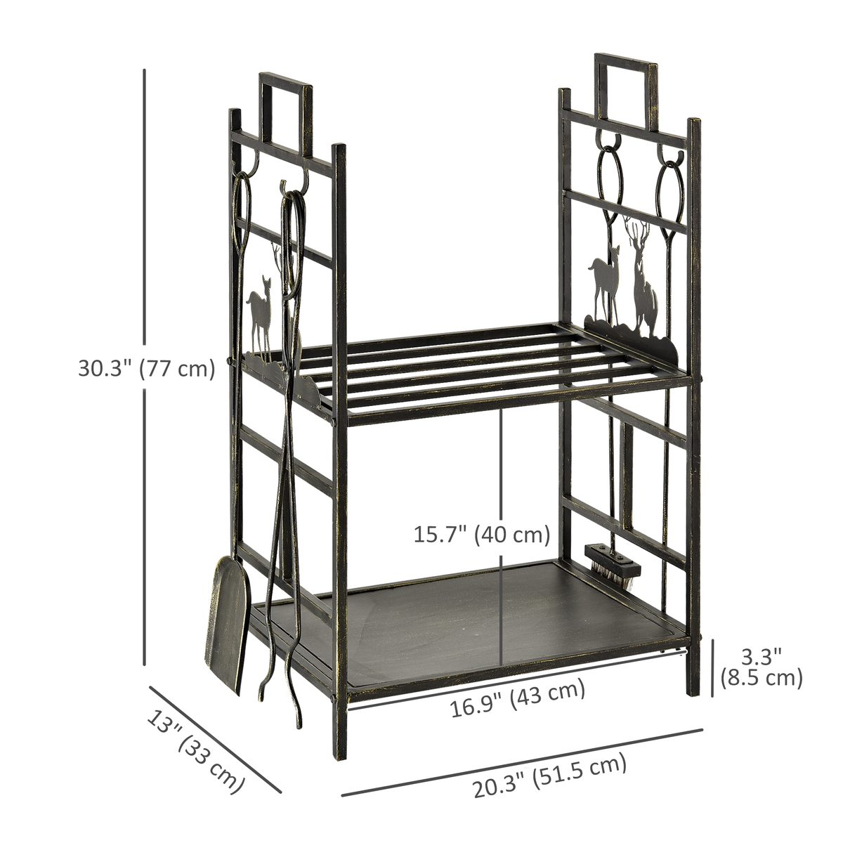 20.25" x 13" x 30.25" 2-Layer Heavy Duty Firewood Rack Wood Log Fireplace Stacker w/ 4 Tools, Black and Gold