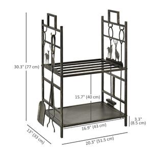 20.25" x 13" x 30.25" 2-Layer Heavy Duty Firewood Rack Wood Log Fireplace Stacker w/ 4 Tools, Black and Gold