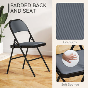 Set of 4 Metal Foldable Chairs, Corduroy Padded Folding Chairs with Cushion Seat and Open Back for Indoor, Grey