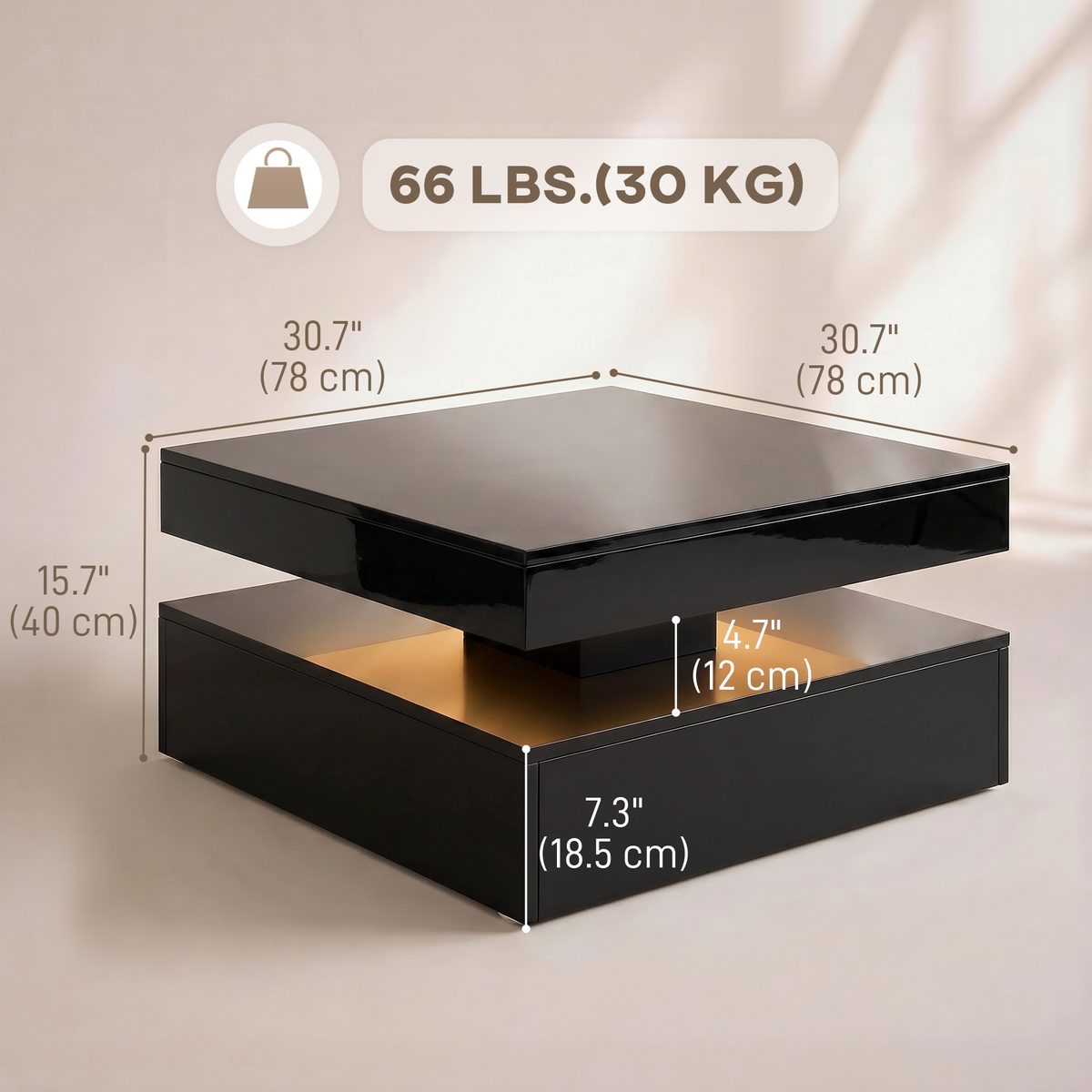 LED Coffee Table with Storage, 2-Tier Modern Center Table with Open Shelf and Remote for Living Room, High Gloss Black