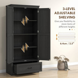 69" Tall Farmhouse Kitchen Pantry Cabinet with 2 Doors, Drawer and Adjustable Shelves, Black Wood Grain