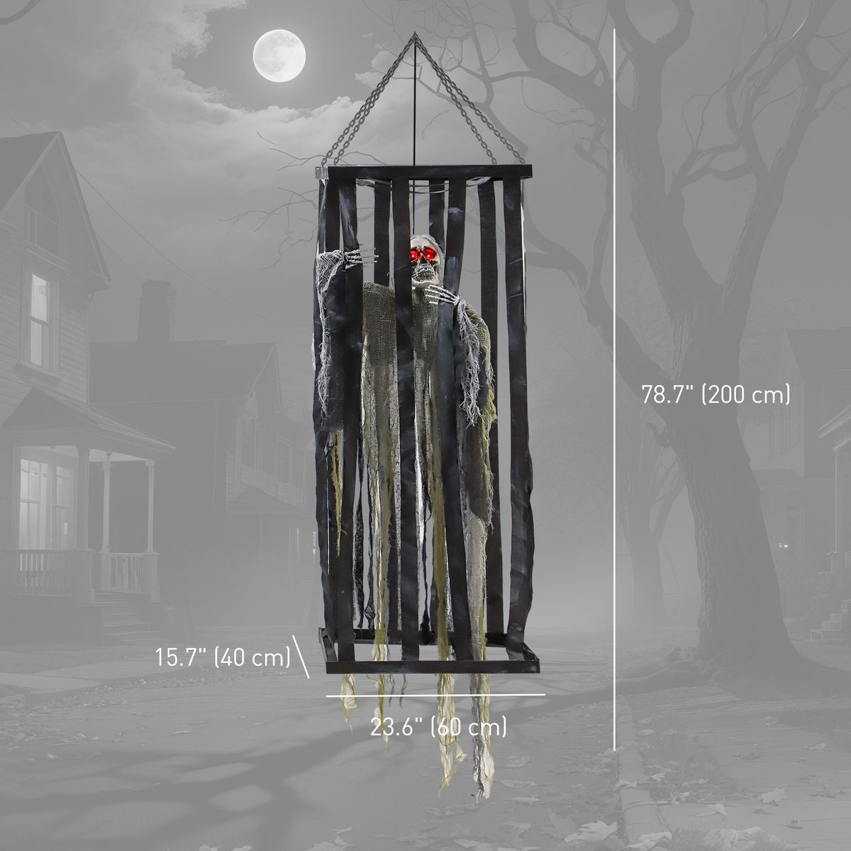 Animatronics Hanging Skeleton Reaper in Cage, Voice-Activated Prop with Flashing Eyes, Easy Setup Indoor