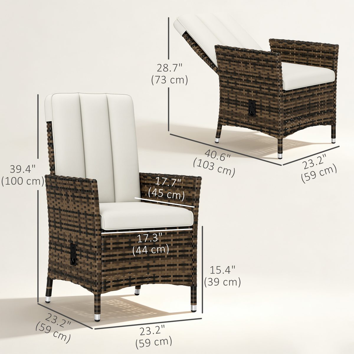 Wicker Outdoor Recliner Chair, Wicker Reclining Patio Chair with Adjustable Backrest and Cushion, Cream White