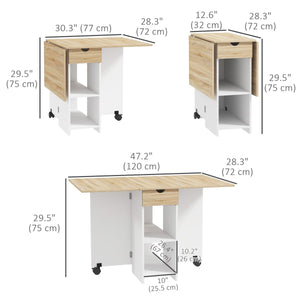 Folding Dining Table, Space Saving Drop Leaf Table with Drawer and Storage Shelves for Kitchen, Dining Room, Oak