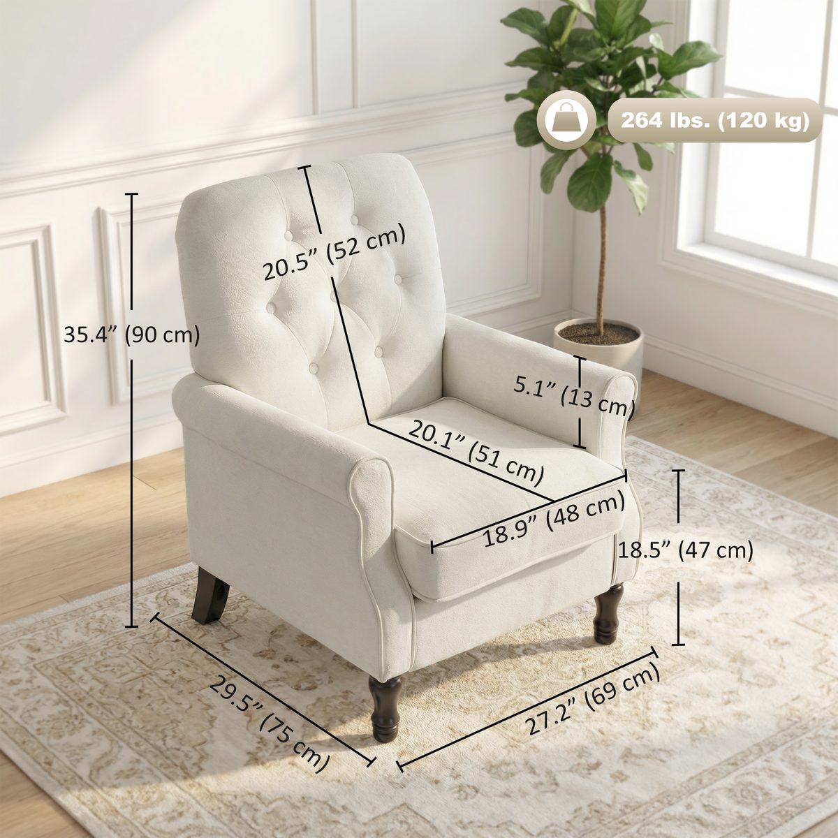 Accent Chair, Mid-Century Modern Armchair with Thick Padded Seat, Spring Cushion, Solid Wood Legs, Cream White