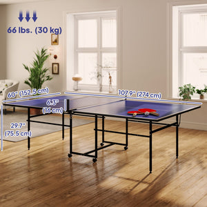 Soozier Full Size Table Tennis Table, Folding Ping Pong Table with Net, Paddles, Balls and Wheels, Blue