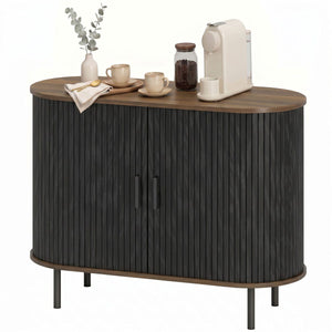 Sideboard Buffet Cabinet with Curved Tambour Doors and Storage, Brown Wood Grain