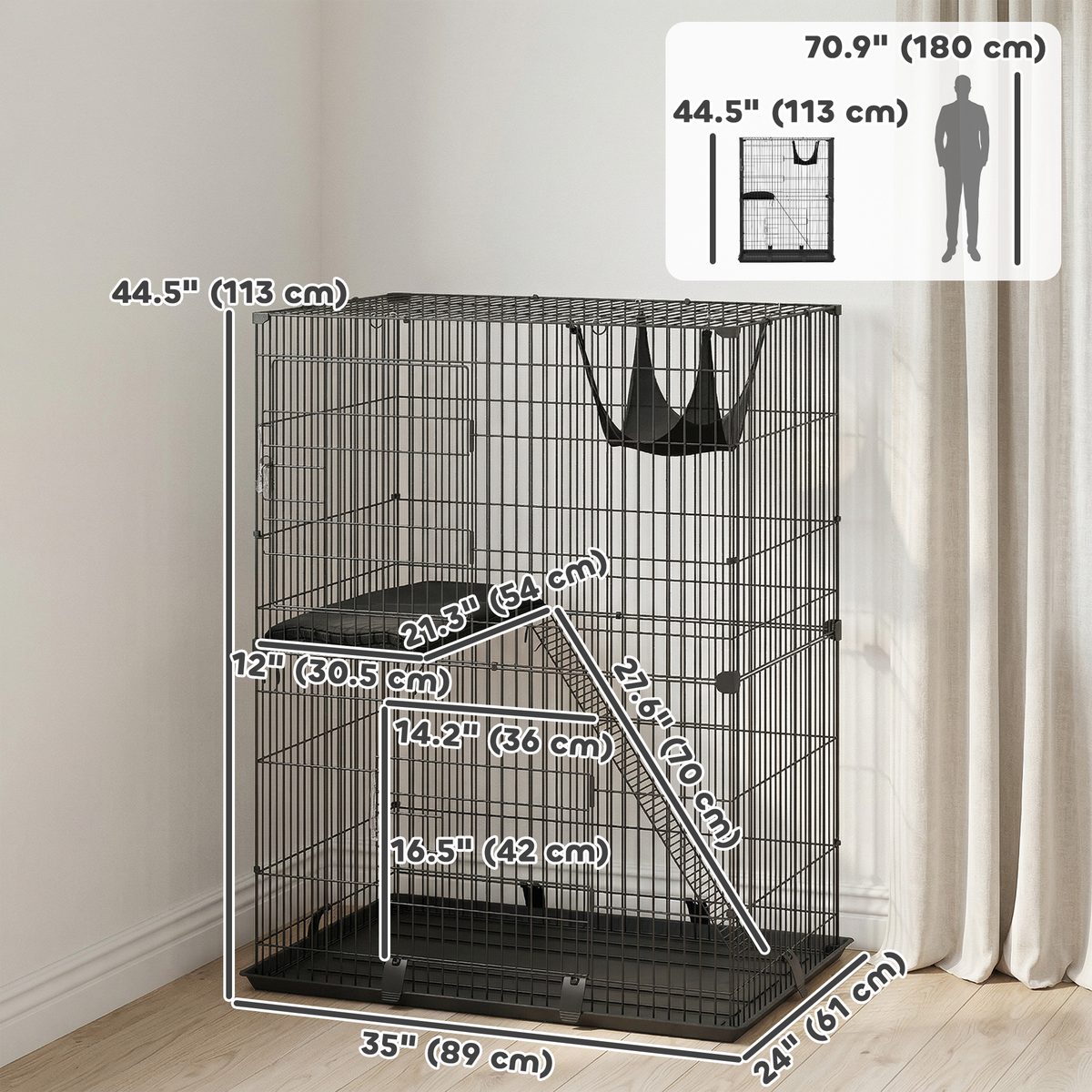 2-Tier Cat Cage Indoor, Detachable Metal Wire Kennel with Hammock, Platform, Tray and Cushion for 1-2 Kittens
