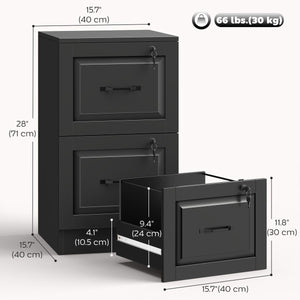 2 Drawer File Cabinet with Lock, Vertical Filing Cabinet with Adjustable Hanging Bars for A4 and Letter Size, Black