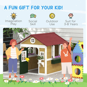 Kids Wooden Outdoor Playhouse for Toddlers aged 3–8, featuring Door, Windows, Planter Pots and Boxes, Garden Cottage Style Backyard Playhouse, Beige
