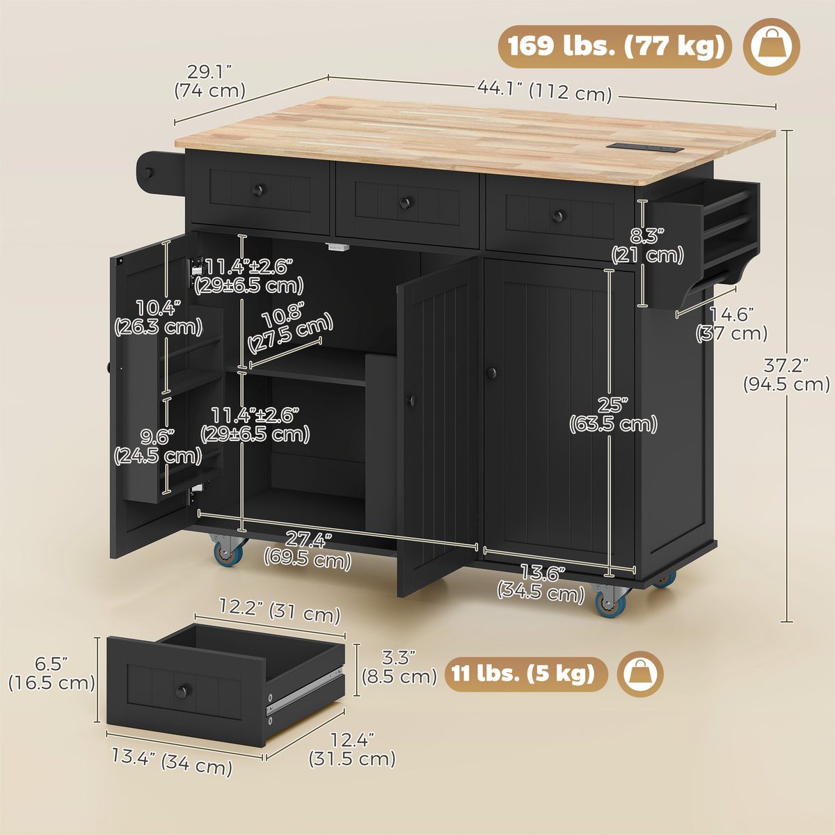 Kitchen Island on Wheels with Drop Leaf, Charging Station, Rolling Kitchen Cart with Wood Top, Adjustable Shelf, Black