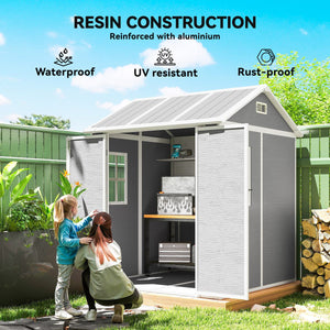 6' x 6' Resin Outdoor Storage Shed with Floor, Window, Lockable Doors and Vents for Backyard Patio Lawn, Grey